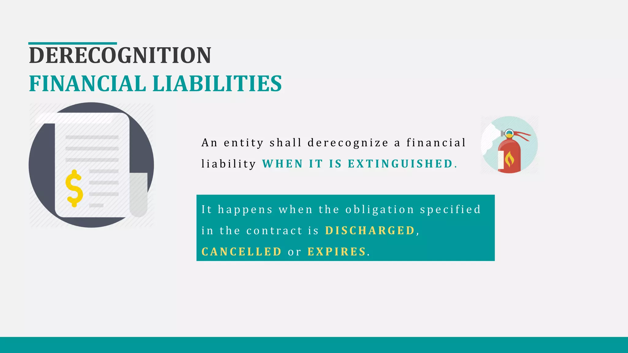DERECOGNITION
FINANCIAL LIABILITIES
A n e n t i t y s h a l l d e r e c o g n i z e a f i n a n c i a l
l i a b i l i t y W H E N I T I S E X T I N G U I S H E D .
I t h a p p e n s w h e n t h e o b l i g a t i o n s p e c i f i e d
i n t h e c o n t ra c t i s D I S C H A RG E D ,
C A N C E L L E D o r E X P I R E S .
 