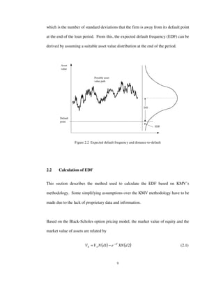 9
which is the number of standard deviations that the firm is away from its default point
at the end of the loan period. From this, the expected default frequency (EDF) can be
derived by assuming a suitable asset value distribution at the end of the period.
Default
point
Asset
value
Possible asset
value path
EDF
DD
Figure 2.2 Expected default frequency and distance-to-default
2.2 Calculation of EDF
This section describes the method used to calculate the EDF based on KMV’s
methodology. Some simplifying assumptions over the KMV methodology have to be
made due to the lack of proprietary data and information.
Based on the Black-Scholes option pricing model, the market value of equity and the
market value of assets are related by
( ) ( )21 dXNedNVV rT
AE
−
−= (2.1)
 