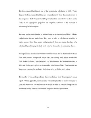 17
The book value of liabilities is one of the inputs in the calculation of EDF. Yearly
data on the book value of liabilities are obtained directly from the annual reports of
the companies. Both the current and long term liabilities are collected to allow for the
study of the appropriate proportion of long-term liabilities to be included in
determining the default point.
The total market capitalization is another input in the calculation of EDF. Market
capitalization data are needed on a daily basis in order to calculate the volatility of
equity returns. Since these are not available directly from any source, they have to be
calculated by multiplying the daily stock price by the number of outstanding shares.
Stock price data are obtained from two separate sources due to the limitation of data
from both sources. For periods before 1997, the closing stock prices are obtained
from the Pacific-Basin Capital Markets (PACAP) database. For periods from 1997 to
1999, the closing stock prices are downloaded from Reuters 3000. Data from the two
sources are combined to produce a single time series of closing stock prices.
The number of outstanding ordinary shares is obtained from the companies’ annual
report. Where applicable, increase in the outstanding number of shares from year to
year and the reasons for the increase are noted in order to correctly interpolate the
numbers to a daily series to calculate the daily total market capitalization.
 