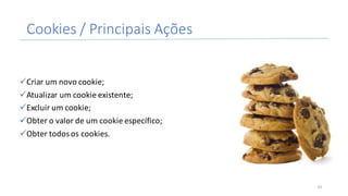 Cookies	/	Principais	Ações	
üCriar	um	novo	cookie;
üAtualizar	um	cookie	existente;
üExcluir	um	cookie;
üObter	o	valor	de	um	cookie	específico;
üObter	todos	os	cookies.
14
 