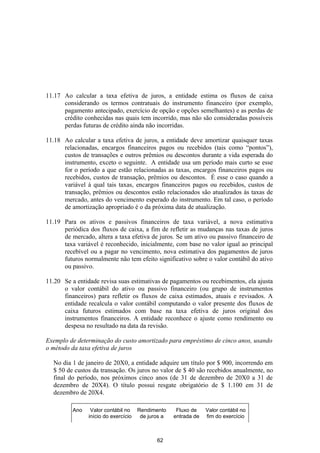 11.17 Ao calcular a taxa efetiva de juros, a entidade estima os fluxos de caixa
      considerando os termos contratuais do instrumento financeiro (por exemplo,
      pagamento antecipado, exercício de opção e opções semelhantes) e as perdas de
      crédito conhecidas nas quais tem incorrido, mas não são consideradas possíveis
      perdas futuras de crédito ainda não incorridas.

11.18 Ao calcular a taxa efetiva de juros, a entidade deve amortizar quaisquer taxas
      relacionadas, encargos financeiros pagos ou recebidos (tais como “pontos”),
      custos de transações e outros prêmios ou descontos durante a vida esperada do
      instrumento, exceto o seguinte. A entidade usa um período mais curto se esse
      for o período a que estão relacionadas as taxas, encargos financeiros pagos ou
      recebidos, custos de transação, prêmios ou descontos. É esse o caso quando a
      variável à qual tais taxas, encargos financeiros pagos ou recebidos, custos de
      transação, prêmios ou descontos estão relacionados são atualizados às taxas de
      mercado, antes do vencimento esperado do instrumento. Em tal caso, o período
      de amortização apropriado é o da próxima data de atualização.

11.19 Para os ativos e passivos financeiros de taxa variável, a nova estimativa
      periódica dos fluxos de caixa, a fim de refletir as mudanças nas taxas de juros
      de mercado, altera a taxa efetiva de juros. Se um ativo ou passivo financeiro de
      taxa variável é reconhecido, inicialmente, com base no valor igual ao principal
      recebível ou a pagar no vencimento, nova estimativa dos pagamentos de juros
      futuros normalmente não tem efeito significativo sobre o valor contábil do ativo
      ou passivo.

11.20 Se a entidade revisa suas estimativas de pagamentos ou recebimentos, ela ajusta
      o valor contábil do ativo ou passivo financeiro (ou grupo de instrumentos
      financeiros) para refletir os fluxos de caixa estimados, atuais e revisados. A
      entidade recalcula o valor contábil computando o valor presente dos fluxos de
      caixa futuros estimados com base na taxa efetiva de juros original dos
      instrumentos financeiros. A entidade reconhece o ajuste como rendimento ou
      despesa no resultado na data da revisão.

Exemplo de determinação do custo amortizado para empréstimo de cinco anos, usando
o método da taxa efetiva de juros

  No dia 1 de janeiro de 20X0, a entidade adquire um título por $ 900, incorrendo em
  $ 50 de custos da transação. Os juros no valor de $ 40 são recebidos anualmente, no
  final do período, nos próximos cinco anos (de 31 de dezembro de 20X0 a 31 de
  dezembro de 20X4). O título possui resgate obrigatório de $ 1.100 em 31 de
  dezembro de 20X4.

          Ano    Valor contábil no    Rendimento     Fluxo de    Valor contábil no
                início do exercício    de juros a   entrada de   fim do exercício



                                             62
 