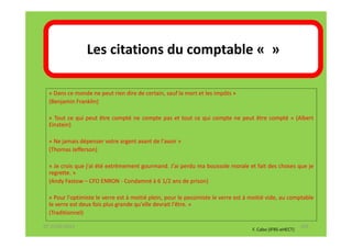 Les citations du comptable « »

  « Dans ce monde ne peut rien dire de certain, sauf la mort et les impôts »
  (Benjamin Franklin)

  « Tout ce qui peut être compté ne compte pas et tout ce qui compte ne peut être compté » (Albert
  Einstein)

  « Ne jamais dépenser votre argent avant de l'avoir »
  (Thomas Jefferson)

  « Je crois que j'ai été extrêmement gourmand. J'ai perdu ma boussole morale et fait des choses que je
  regrette. »
  (Andy Fastow – CFO ENRON - Condamné à 6 1/2 ans de prison)

  « Pour l'optimiste le verre est à moitié plein, pour le pessimiste le verre est à moitié vide, au comptable
  le verre est deux fois plus grande qu'elle devrait l'être. »
  (Traditionnel)

07-11/01/2013                                                                                              103
                                                                                    F. Cabo (IFRS-eHECT)
 