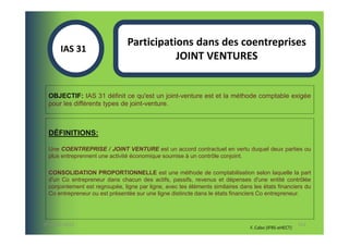 Participations dans des coentreprises
       IAS 31S
                                           JOINT VENTURES
            1

  OBJECTIF: IAS 31 définit ce qu'est un joint-venture est et la méthode comptable exigée
  pour les différents types de joint-venture.



  DÉFINITIONS:

  Une COENTREPRISE / JOINT VENTURE est un accord contractuel en vertu duquel deux parties ou
  plus entreprennent une activité économique soumise à un contrôle conjoint.

  CONSOLIDATION PROPORTIONNELLE est une méthode de comptabilisation selon laquelle la part
  d'un Co entrepreneur dans chacun des actifs, passifs, revenus et dépenses d'une entité contrôlée
  conjointement est regroupée, ligne par ligne, avec les éléments similaires dans les états financiers du
  Co entrepreneur ou est présentée sur une ligne distincte dans le états financiers Co entrepreneur.




07-11/01/2013                                                                                           111
                                                                                 F. Cabo (IFRS-eHECT)
 
