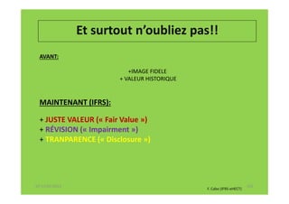 Et surtout n’oubliez pas!!
 AVANT:

                          +IMAGE FIDELE
                       + VALEUR HISTORIQUE


 MAINTENANT (IFRS):

 + JUSTE VALEUR (« Fair Value »)
 + RÉVISION (« Impairment »)
 + TRANPARENCE (« Disclosure »)




07-11/01/2013                                                       142
                                             F. Cabo (IFRS-eHECT)
 