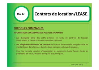 IAS 17S          Contrats de location/LEASE.
            1

  PRATIQUES COMPTABLES:
  INFORMATIONS /TRANSPARENCE POUR LES LOCATAIRES

  • Les montants bruts des actifs détenus en vertu de contrats de location
    financement et l'amortissement cumulé de ces actifs.
  • Les obligations découlant de contrats de location financement analysés entre les
    montants dus dans l'année, dans les deux à cinq ans, et plus de cinq ans.
  • Pour les contrats Location d'exploitation les paiements bruts futurs: Clasés en
    paiements en un an, de deux à cinq ans et sur cinq ans.



07-11/01/2013                                                                           78
                                                                 F. Cabo (IFRS-eHECT)
 