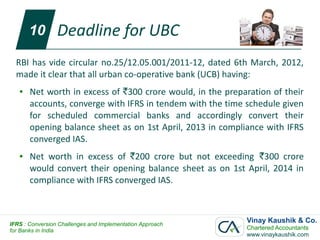 10        Deadline for UBC
  RBI has vide circular no.25/12.05.001/2011-12, dated 6th March, 2012,
  made it clear that all urban co-operative bank (UCB) having:
   ●   Net worth in excess of `300 crore would, in the preparation of their
       accounts, converge with IFRS in tendem with the time schedule given
       for scheduled commercial banks and accordingly convert their
       opening balance sheet as on 1st April, 2013 in compliance with IFRS
       converged IAS.
   ●   Net worth in excess of `200 crore but not exceeding `300 crore
       would convert their opening balance sheet as on 1st April, 2014 in
       compliance with IFRS converged IAS.



IFRS : Conversion Challenges and Implementation Approach
                                                            Vinay Kaushik & Co.
for Banks in India                                          Chartered Accountants
                                                            www.vinaykaushik.com
 