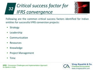 Critical success factor for
         32
            IFRS convergence
   Following are the common critical success factors identified for Indian
   entities for successful IFRS conversion projects:
     ●   Strategy
     ●   Leadership
     ●   Communication
     ●   Resources
     ●   Knowledge
     ●   Project Management
     ●   Time

IFRS : Conversion Challenges and Implementation Approach
                                                           Vinay Kaushik & Co.
for Banks in India                                         Chartered Accountants
                                                           www.vinaykaushik.com
 
