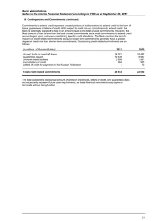 Bank Vozrozhdenie
Notes to the interim Financial Statement according to IFRS as at September 30, 2011

 19 Contingencies and Commitments (continued)

Commitments to extend credit represent unused portions of authorisations to extend credit in the form of
loans, guarantees or letters of credit. With respect to credit risk on commitments to extend credit, the
Bank is potentially exposed to loss in an amount equal to the total unused commitments. However, the
likely amount of loss is less than the total unused commitments since most commitments to extend credit
are contingent upon customers maintaining specific credit standards. The Bank monitors the term to
maturity of credit related commitments because longer-term commitments generally have a greater
degree of credit risk than shorter-term commitments. Outstanding credit related commitments are as
follows:

(in millions of Russian Rubles)                                                            2011             2010

Unused limits on overdraft loans                                                         14 321            10 497
Guarantees issued                                                                        10 439             8 987
Undrawn credit facilities                                                                 2 899             1 561
Import letters of credit                                                                    984               935
Letters of credit for payments in the Russian Federation                                      -                70


Total credit related commitments                                                         28 643            22 050


The total outstanding contractual amount of undrawn credit lines, letters of credit, and guarantees does
not necessarily represent future cash requirements, as these financial instruments may expire or
terminate without being funded.




                                                                                                               21
 