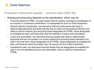 38Audit | Tax | Advisory
Financial instrument assets – current rules (IAS 39)
 Subsequent accounting depends on the classification, which may be:
 Financial assets at FVP&L: includes assets held for trading; contingent consideration of
an acquirer in a business combination; it is designated as such on initial recognition.
 Held-to-maturity investments: non-derivative financial instruments with fixed or
determinable payments and fixed maturity that an entity has the positive intention and
ability to hold to maturity (but excluding those designated as FVP&L; those designated
as available-for-sale; and those that meet the definition of loans and receivables)
 Loans and receivables: non-derivative financial assets with fixed or determinable
payments that are not quoted in an active market (but excluding those intended to be
sold in the near term; those designated as at FVP&L; those designated as available-for-
sale; and those for which the holder may not recover all of its initial investment)
 Available-for-sale: non-derivative financial assets that are designated as available-for-
sale or are not classified as loans and receivables, held to maturity investments or
FVP&L.
 