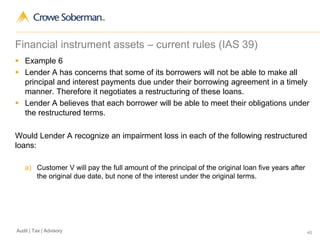 45Audit | Tax | Advisory
Financial instrument assets – current rules (IAS 39)
 Example 6
 Lender A has concerns that some of its borrowers will not be able to make all
principal and interest payments due under their borrowing agreement in a timely
manner. Therefore it negotiates a restructuring of these loans.
 Lender A believes that each borrower will be able to meet their obligations under
the restructured terms.
Would Lender A recognize an impairment loss in each of the following restructured
loans:
a) Customer V will pay the full amount of the principal of the original loan five years after
the original due date, but none of the interest under the original terms.
 