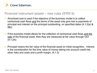 51Audit | Tax | Advisory
Financial instrument assets – new rules (IFRS 9)
 Amortized cost is used if the objective of the business model is to collect
contractual cash flows and the terms of the asset only give rise to payments of
principal and interest on the principal outstanding, on specified dates (4.1.2(a) &
9B))
 If the business model allows for the collection of contractual cash flows and the
sale of the financial asset, then they are measured at fair value through OCI
(4.1.2A)
 Principal means the fair value of the financial asset on initial recognition. Interest
is the consideration for the time value of money taking into account credit risk,
other risks and costs and a profit margin. (4.1.3)
 