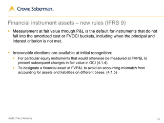 53Audit | Tax | Advisory
Financial instrument assets – new rules (IFRS 9)
 Measurement at fair value through P&L is the default for instruments that do not
fall into the amortized cost or FVOCI buckets, including when the principal and
interest criterion is not met.
 Irrevocable elections are available at initial recognition:
 For particular equity instruments that would otherwise be measured at FVP&L to
present subsequent changes in fair value in OCI (4.1.4).
 To designate a financial asset at FVP&L to avoid an accounting mismatch from
accounting for assets and liabilities on different bases. (4.1.5)
 