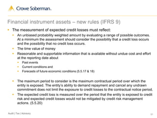 61Audit | Tax | Advisory
Financial instrument assets – new rules (IFRS 9)
 The measurement of expected credit losses must reflect:
 An unbiased probability weighted amount by evaluating a range of possible outcomes.
At a minimum the assessment should consider the possibility that a credit loss occurs
and the possibility that no credit loss occurs.
 The time value of money
 Reasonable and supportable information that is available without undue cost and effort
at the reporting date about
 Past events
 Current conditions and
 Forecasts of future economic conditions (5.5.17 & 18)
 The maximum period to consider is the maximum contractual period over which the
entity is exposed. The entity’s ability to demand repayment and cancel any undrawn
commitment does not limit the exposure to credit losses to the contractual notice period.
 The expected credit loss is measured over the period that the entity is exposed to credit
risk and expected credit losses would not be mitigated by credit risk management
actions. (5.5.20)
 