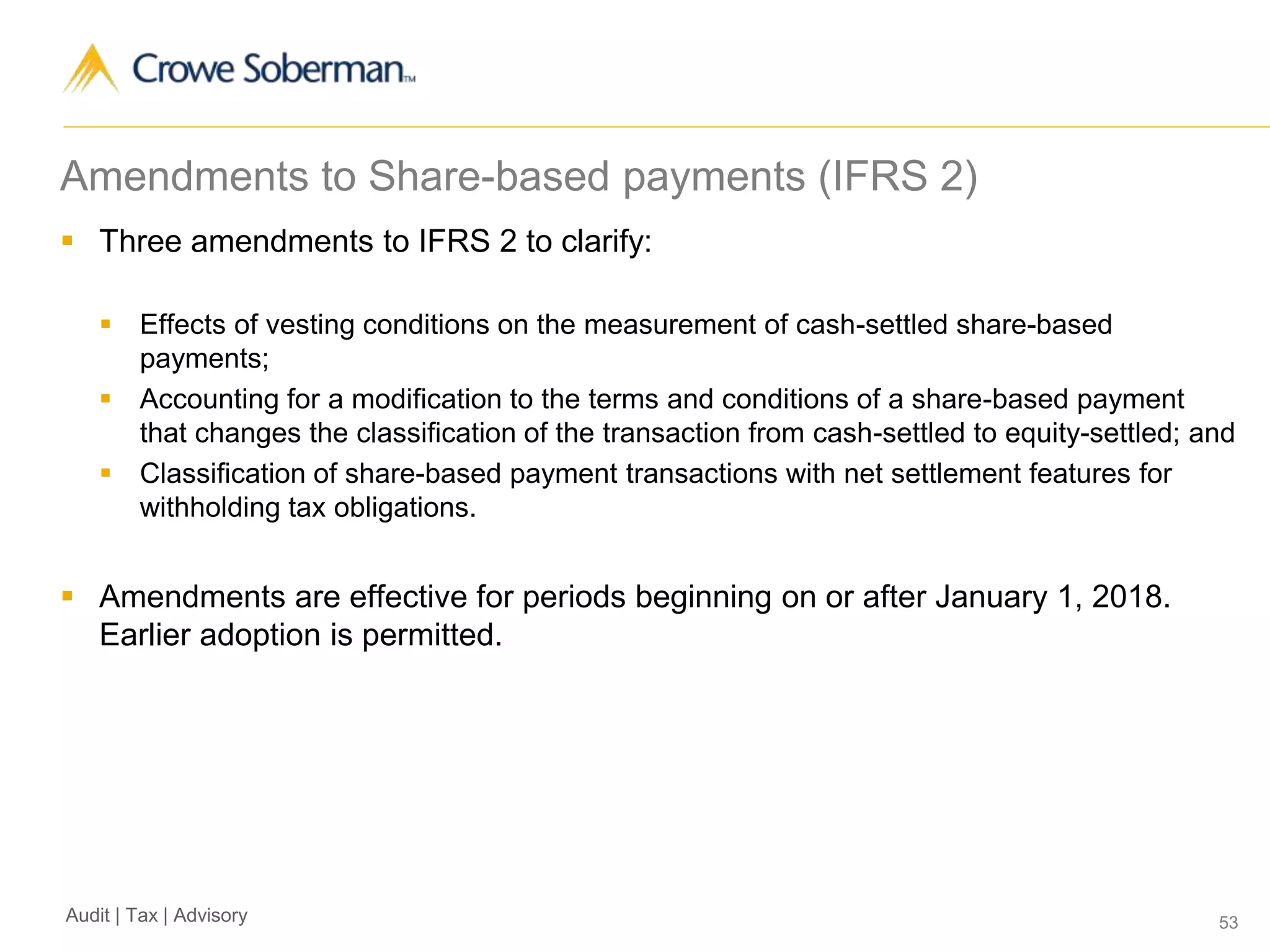 53Audit | Tax | Advisory
Amendments to Share-based payments (IFRS 2)
 Three amendments to IFRS 2 to clarify:
 Effects of vesting conditions on the measurement of cash-settled share-based
payments;
 Accounting for a modification to the terms and conditions of a share-based payment
that changes the classification of the transaction from cash-settled to equity-settled; and
 Classification of share-based payment transactions with net settlement features for
withholding tax obligations.
 Amendments are effective for periods beginning on or after January 1, 2018.
Earlier adoption is permitted.
 