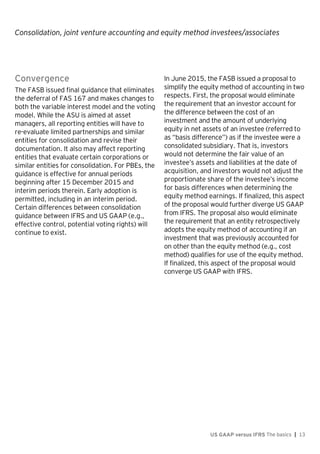 Consolidation, joint venture accounting and equity method investees/associates
US GAAP versus IFRS The basics | 13
Convergence
The FASB issued final guidance that eliminates
the deferral of FAS 167 and makes changes to
both the variable interest model and the voting
model. While the ASU is aimed at asset
managers, all reporting entities will have to
re-evaluate limited partnerships and similar
entities for consolidation and revise their
documentation. It also may affect reporting
entities that evaluate certain corporations or
similar entities for consolidation. For PBEs, the
guidance is effective for annual periods
beginning after 15 December 2015 and
interim periods therein. Early adoption is
permitted, including in an interim period.
Certain differences between consolidation
guidance between IFRS and US GAAP (e.g.,
effective control, potential voting rights) will
continue to exist.
In June 2015, the FASB issued a proposal to
simplify the equity method of accounting in two
respects. First, the proposal would eliminate
the requirement that an investor account for
the difference between the cost of an
investment and the amount of underlying
equity in net assets of an investee (referred to
as “basis difference”) as if the investee were a
consolidated subsidiary. That is, investors
would not determine the fair value of an
investee’s assets and liabilities at the date of
acquisition, and investors would not adjust the
proportionate share of the investee’s income
for basis differences when determining the
equity method earnings. If finalized, this aspect
of the proposal would further diverge US GAAP
from IFRS. The proposal also would eliminate
the requirement that an entity retrospectively
adopts the equity method of accounting if an
investment that was previously accounted for
on other than the equity method (e.g., cost
method) qualifies for use of the equity method.
If finalized, this aspect of the proposal would
converge US GAAP with IFRS.
 