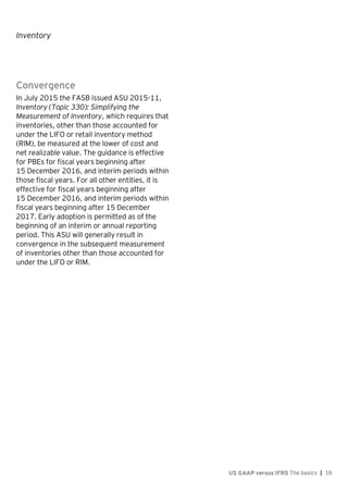 Inventory
US GAAP versus IFRS The basics | 18
Convergence
In July 2015 the FASB issued ASU 2015-11,
Inventory (Topic 330): Simplifying the
Measurement of Inventory, which requires that
inventories, other than those accounted for
under the LIFO or retail inventory method
(RIM), be measured at the lower of cost and
net realizable value. The guidance is effective
for PBEs for fiscal years beginning after
15 December 2016, and interim periods within
those fiscal years. For all other entities, it is
effective for fiscal years beginning after
15 December 2016, and interim periods within
fiscal years beginning after 15 December
2017. Early adoption is permitted as of the
beginning of an interim or annual reporting
period. This ASU will generally result in
convergence in the subsequent measurement
of inventories other than those accounted for
under the LIFO or RIM.
 