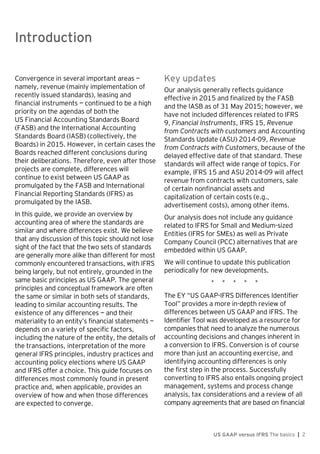 Introduction
US GAAP versus IFRS The basics | 2
Convergence in several important areas —
namely, revenue (mainly implementation of
recently issued standards), leasing and
financial instruments — continued to be a high
priority on the agendas of both the
US Financial Accounting Standards Board
(FASB) and the International Accounting
Standards Board (IASB) (collectively, the
Boards) in 2015. However, in certain cases the
Boards reached different conclusions during
their deliberations. Therefore, even after those
projects are complete, differences will
continue to exist between US GAAP as
promulgated by the FASB and International
Financial Reporting Standards (IFRS) as
promulgated by the IASB.
In this guide, we provide an overview by
accounting area of where the standards are
similar and where differences exist. We believe
that any discussion of this topic should not lose
sight of the fact that the two sets of standards
are generally more alike than different for most
commonly encountered transactions, with IFRS
being largely, but not entirely, grounded in the
same basic principles as US GAAP. The general
principles and conceptual framework are often
the same or similar in both sets of standards,
leading to similar accounting results. The
existence of any differences — and their
materiality to an entity’s financial statements —
depends on a variety of specific factors,
including the nature of the entity, the details of
the transactions, interpretation of the more
general IFRS principles, industry practices and
accounting policy elections where US GAAP
and IFRS offer a choice. This guide focuses on
differences most commonly found in present
practice and, when applicable, provides an
overview of how and when those differences
are expected to converge.
Key updates
Our analysis generally reflects guidance
effective in 2015 and finalized by the FASB
and the IASB as of 31 May 2015; however, we
have not included differences related to IFRS
9, Financial Instruments, IFRS 15, Revenue
from Contracts with customers and Accounting
Standards Update (ASU) 2014-09, Revenue
from Contracts with Customers, because of the
delayed effective date of that standard. These
standards will affect wide range of topics. For
example, IFRS 15 and ASU 2014-09 will affect
revenue from contracts with customers, sale
of certain nonfinancial assets and
capitalization of certain costs (e.g.,
advertisement costs), among other items.
Our analysis does not include any guidance
related to IFRS for Small and Medium-sized
Entities (IFRS for SMEs) as well as Private
Company Council (PCC) alternatives that are
embedded within US GAAP.
We will continue to update this publication
periodically for new developments.
* * * * *
The EY “US GAAP-IFRS Differences Identifier
Tool” provides a more in-depth review of
differences between US GAAP and IFRS. The
Identifier Tool was developed as a resource for
companies that need to analyze the numerous
accounting decisions and changes inherent in
a conversion to IFRS. Conversion is of course
more than just an accounting exercise, and
identifying accounting differences is only
the first step in the process. Successfully
converting to IFRS also entails ongoing project
management, systems and process change
analysis, tax considerations and a review of all
company agreements that are based on financial
Introduction
 