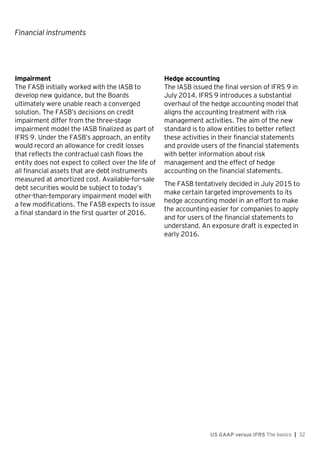 Financial instruments
US GAAP versus IFRS The basics | 32
Impairment
The FASB initially worked with the IASB to
develop new guidance, but the Boards
ultimately were unable reach a converged
solution. The FASB’s decisions on credit
impairment differ from the three-stage
impairment model the IASB finalized as part of
IFRS 9. Under the FASB’s approach, an entity
would record an allowance for credit losses
that reflects the contractual cash flows the
entity does not expect to collect over the life of
all financial assets that are debt instruments
measured at amortized cost. Available-for-sale
debt securities would be subject to today’s
other-than-temporary impairment model with
a few modifications. The FASB expects to issue
a final standard in the first quarter of 2016.
Hedge accounting
The IASB issued the final version of IFRS 9 in
July 2014. IFRS 9 introduces a substantial
overhaul of the hedge accounting model that
aligns the accounting treatment with risk
management activities. The aim of the new
standard is to allow entities to better reflect
these activities in their financial statements
and provide users of the financial statements
with better information about risk
management and the effect of hedge
accounting on the financial statements.
The FASB tentatively decided in July 2015 to
make certain targeted improvements to its
hedge accounting model in an effort to make
the accounting easier for companies to apply
and for users of the financial statements to
understand. An exposure draft is expected in
early 2016.
 
