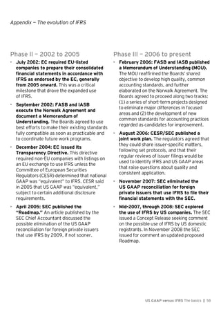Appendix — The evolution of IFRS
US GAAP versus IFRS The basics | 58
Phase II — 2002 to 2005
• July 2002: EC required EU-listed
companies to prepare their consolidated
financial statements in accordance with
IFRS as endorsed by the EC, generally
from 2005 onward. This was a critical
milestone that drove the expanded use
of IFRS.
• September 2002: FASB and IASB
execute the Norwalk Agreement and
document a Memorandum of
Understanding. The Boards agreed to use
best efforts to make their existing standards
fully compatible as soon as practicable and
to coordinate future work programs.
• December 2004: EC issued its
Transparency Directive. This directive
required non-EU companies with listings on
an EU exchange to use IFRS unless the
Committee of European Securities
Regulators (CESR) determined that national
GAAP was “equivalent” to IFRS. CESR said
in 2005 that US GAAP was “equivalent,”
subject to certain additional disclosure
requirements.
• April 2005: SEC published the
“Roadmap.” An article published by the
SEC Chief Accountant discussed the
possible elimination of the US GAAP
reconciliation for foreign private issuers
that use IFRS by 2009, if not sooner.
Phase III — 2006 to present
• February 2006: FASB and IASB published
a Memorandum of Understanding (MOU).
The MOU reaffirmed the Boards’ shared
objective to develop high quality, common
accounting standards, and further
elaborated on the Norwalk Agreement. The
Boards agreed to proceed along two tracks:
(1) a series of short-term projects designed
to eliminate major differences in focused
areas and (2) the development of new
common standards for accounting practices
regarded as candidates for improvement.
• August 2006: CESR/SEC published a
joint work plan. The regulators agreed that
they could share issuer-specific matters,
following set protocols, and that their
regular reviews of issuer filings would be
used to identify IFRS and US GAAP areas
that raise questions about quality and
consistent application.
• November 2007: SEC eliminated the
US GAAP reconciliation for foreign
private issuers that use IFRS to file their
financial statements with the SEC.
• Mid-2007, through 2008: SEC explored
the use of IFRS by US companies. The SEC
issued a Concept Release seeking comment
on the possible use of IFRS by US domestic
registrants. In November 2008 the SEC
issued for comment an updated proposed
Roadmap.
 