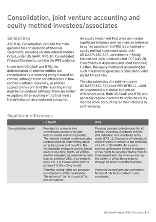 Consolidation, joint venture accounting and equity method investees/associates
US GAAP versus IFRS The basics | 8
Similarities
ASC 810, Consolidation, contains the main
guidance for consolidation of financial
statements, including variable interest entities
(VIEs), under US GAAP. IFRS 10, Consolidated
Financial Statements, contains the IFRS guidance.
Under both US GAAP and IFRS, the
determination of whether entities are
consolidated by a reporting entity is based on
control, although there are differences in how
control is defined. Generally, all entities
subject to the control of the reporting entity
must be consolidated (although there are limited
exceptions for a reporting entity that meets
the definition of an investment company).
An equity investment that gives an investor
significant influence over an investee (referred
to as “an associate” in IFRS) is considered an
equity method investment under both
US GAAP (ASC 323, Investments — Equity
Method and Joint Ventures) and IFRS (IAS 28,
Investments in Associates and Joint Ventures).
Further, the equity method of accounting for
such investments generally is consistent under
US GAAP and IFRS.
The characteristics of a joint venture in
US GAAP (ASC 323) and IFRS (IFRS 11, Joint
Arrangements) are similar but certain
differences exist. Both US GAAP and IFRS also
generally require investors to apply the equity
method when accounting for their interests in
joint ventures.
Significant differences
US GAAP IFRS
Consolidation model Provides for primarily two
consolidation models (variable
interest model and voting model).
The variable interest model evaluates
control based on determining which
party has power and benefits. The
voting model evaluates control based
on existing voting rights. All entities
are first evaluated as potential variable
interest entities (VIEs). If an entity is
not a VIE, it is evaluated for control
pursuant to the voting model.
Provides a single control model for all
entities, including structured entities
(the definition of a structured entity
under IFRS 12, Disclosure of Interests in
Other Entities, is similar to the definition
of a VIE in US GAAP). An investor
controls an investee when it is exposed
or has rights to variable returns from its
involvement with the investee and has
the ability to affect those returns
through its power over the investee.
Potential voting rights are generally
not included in either evaluation.
The notion of “de facto control” is
not considered.
Potential voting rights are considered.
Notion of “de facto control” is also
considered.
Consolidation, joint venture accounting and
equity method investees/associates
 