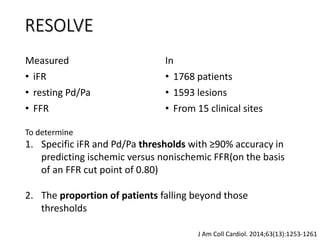 Measured
• iFR
• resting Pd/Pa
• FFR
In
• 1768 patients
• 1593 lesions
• From 15 clinical sites
To determine
1. Specific iFR and Pd/Pa thresholds with ≥90% accuracy in
predicting ischemic versus nonischemic FFR(on the basis
of an FFR cut point of 0.80)
2. The proportion of patients falling beyond those
thresholds
RESOLVE
J Am Coll Cardiol. 2014;63(13):1253-1261
 