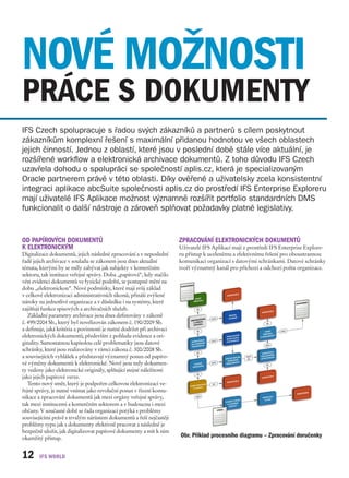 NOVÉ MOŽNOSTI
PRÁCE S DOKUMENTY
IFS Czech spolupracuje s řadou svých zákazníků a partnerů s cílem poskytnout
zákazníkům komplexní řešení s maximální přidanou hodnotou ve všech oblastech
jejich činností. Jednou z oblastí, které jsou v poslední době stále více aktuální, je
rozšířené workflow a elektronická archivace dokumentů. Z toho důvodu IFS Czech
uzavřela dohodu o spolupráci se společností aplis.cz, která je specializovaným
Oracle partnerem právě v této oblasti. Díky ověřené a uživatelsky zcela konsistentní
integraci aplikace abcSuite společnosti aplis.cz do prostředí IFS Enterprise Exploreru
mají uživatelé IFS Aplikace možnost významně rozšířit portfolio standardních DMS
funkcionalit o další nástroje a zároveň splňovat požadavky platné legislativy.


OD PAPÍROVÝCH DOKUMENTŮ                                                 ZPRACOVÁNÍ ELEKTRONICKÝCH DOKUMENTŮ
K ELEKTRONICKÝM                                                         Uživatelé IFS Aplikací mají z prostředí IFS Enterprise Explore-
Digitalizace dokumentů, jejich následné zpracování a v neposlední       ru přístup k ucelenému a efektivnímu řešení pro oboustrannou
řadě jejich archivace v souladu se zákonem jsou dnes aktuální           komunikaci organizací s datovými schránkami. Datové schránky
témata, kterými by se měly zabývat jak subjekty v komerčním             tvoří významný kanál pro příchozí a odchozí poštu organizace.
sektoru, tak instituce veřejné správy. Doba „papírová“, kdy stačilo
vést evidenci dokumentů ve fyzické podobě, se postupně mění na
dobu „elektronickou“. Nové podmínky, které mají svůj základ
v celkové elektronizaci administrativních úkonů, přináší zvýšené
nároky na jednotlivé organizace a v důsledku i na systémy, které
zajišťují funkce spisových a archivačních služeb.
   Základní parametry archivace jsou dnes definovány v zákoně
č. 499/2004 Sb., který byl novelizován zákonem č. 190/2009 Sb.
a definuje, jaká kritéria a povinnosti je nutné dodržet při archivaci
elektronických dokumentů, především z pohledu evidence a ori-
ginality. Samostatnou kapitolou celé problematiky jsou datové
schránky, které jsou realizovány v rámci zákona č. 300/2008 Sb.
a souvisejících vyhlášek a představují významný posun od papíro-
vé výměny dokumentů k elektronické. Nově jsou tedy dokumen-
ty vedeny jako elektronické originály, splňující stejné náležitosti
jako jejich papírové verze.
   Tento nový směr, který je podpořen celkovou elektronizací ve-
řejné správy, je nutné vnímat jako revoluční posun v řízení komu-
nikace a zpracování dokumentů jak mezi orgány veřejné správy,
tak mezi institucemi a komerčním sektorem a v budoucnu i mezi
občany. V současné době se řada organizací potýká s problémy
souvisejícími právě s trvalým nárůstem dokumentů a řeší nejčastěji
problémy typu jak s dokumenty efektivně pracovat a následně je
bezpečně uložit, jak digitalizovat papírové dokumenty a mít k nim
okamžitý přístup.                                                       Obr. Příklad procesního diagramu – Zpracování doručenky


12
 