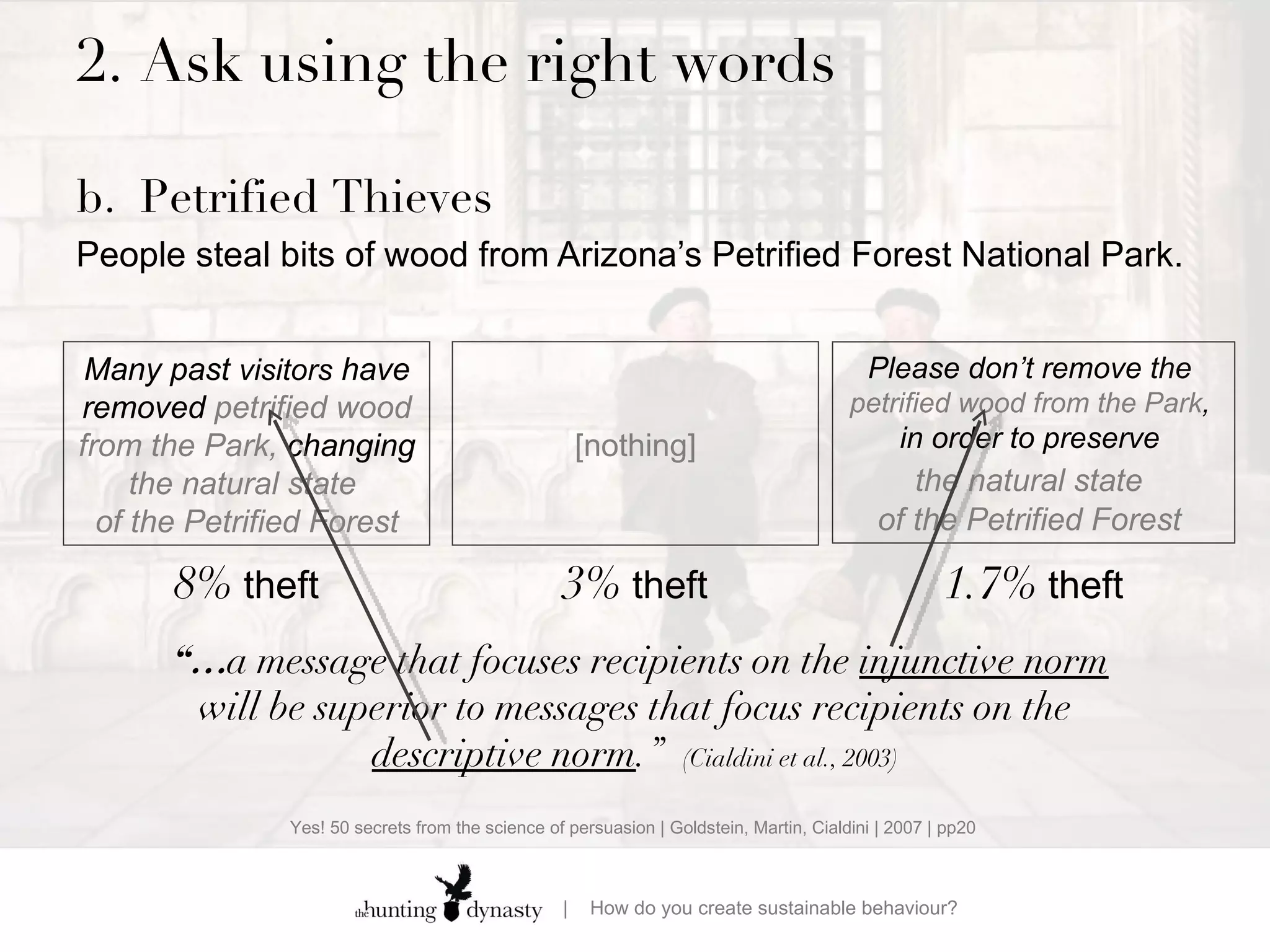 2.  Ask using the right words b. Petrified Thieves People steal bits of wood from Arizona’s Petrified Forest National Park.    Many past  visitors  have removed  petrified wood from the Park,  changing  the natural state  of the Petrified Forest Please don’t remove  the  petrified wood from the Park ,  in order to preserve  the natural state   of the Petrified Forest  8%  theft 1.7%  theft [nothing] 3%  theft “… a message that focuses recipients on the  injunctive norm  will be superior to messages that focus recipients on the  descriptive norm .”  (Cialdini et al., 2003) Yes! 50 secrets from the science of persuasion | Goldstein, Martin, Cialdini | 2007 | pp20 