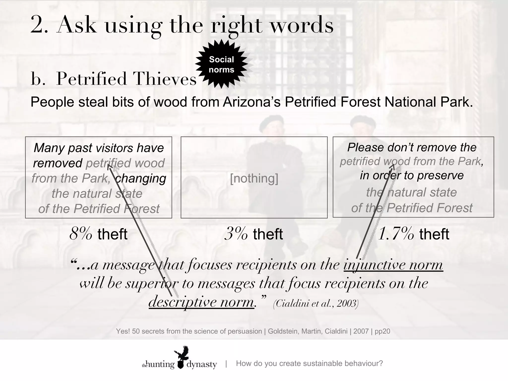 2.  Ask using the right words b. Petrified Thieves People steal bits of wood from Arizona’s Petrified Forest National Park.    Many past  visitors  have removed  petrified wood from the Park,  changing  the natural state  of the Petrified Forest Please don’t remove  the  petrified wood from the Park ,  in order to preserve  the natural state   of the Petrified Forest  8%  theft 1.7%  theft [nothing] 3%  theft “… a message that focuses recipients on the  injunctive norm  will be superior to messages that focus recipients on the  descriptive norm .”  (Cialdini et al., 2003) Yes! 50 secrets from the science of persuasion | Goldstein, Martin, Cialdini | 2007 | pp20 Social norms 