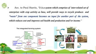  Acc. to Paul Harris, “It is a system which comprises of inter-related set of
enterprises with crop activity as base, will provide ways to recycle produces and
“waste” from one component becomes an input for another part of the system,
which reduces cost and improves soil health and production and/or income.”
12
 