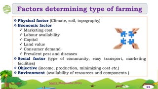 Factors determining type of farming
 Physical factor (Climate, soil, topography)
 Economic factor
 Marketing cost
 Labour availability
 Capital
 Land value
 Consumer demand
 Prevalent pest and diseases
 Social factor (type of community, easy transport, marketing
facilities)
 Objective (income, production, minimizing cost etc.)
 Environment (availability of resources and components )
Source :Manjunatha (2014)
22
 
