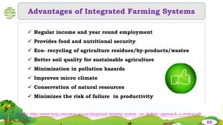 Advantages of Integrated Farming Systems
 Regular income and year round employment
 Provides food and nutritional security
 Eco- recycling of agriculture residues/by-products/wastes
 Better soil quality for sustainable agriculture
 Minimization in pollution hazards
 Improves micro climate
 Conservation of natural resources
 Minimizes the risk of failure in productivity
55
Source :http://www.rroij.com/open-access/integrated-farming-system--an-holistic-approach-a-review.pdf
 