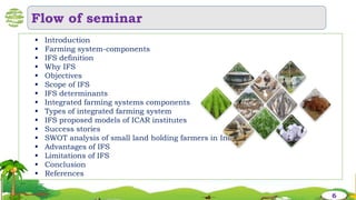  Introduction
 Farming system-components
 IFS definition
 Why IFS
 Objectives
 Scope of IFS
 IFS determinants
 Integrated farming systems components
 Types of integrated farming system
 IFS proposed models of ICAR institutes
 Success stories
 SWOT analysis of small land holding farmers in India
 Advantages of IFS
 Limitations of IFS
 Conclusion
 References
Flow of seminar
6
 