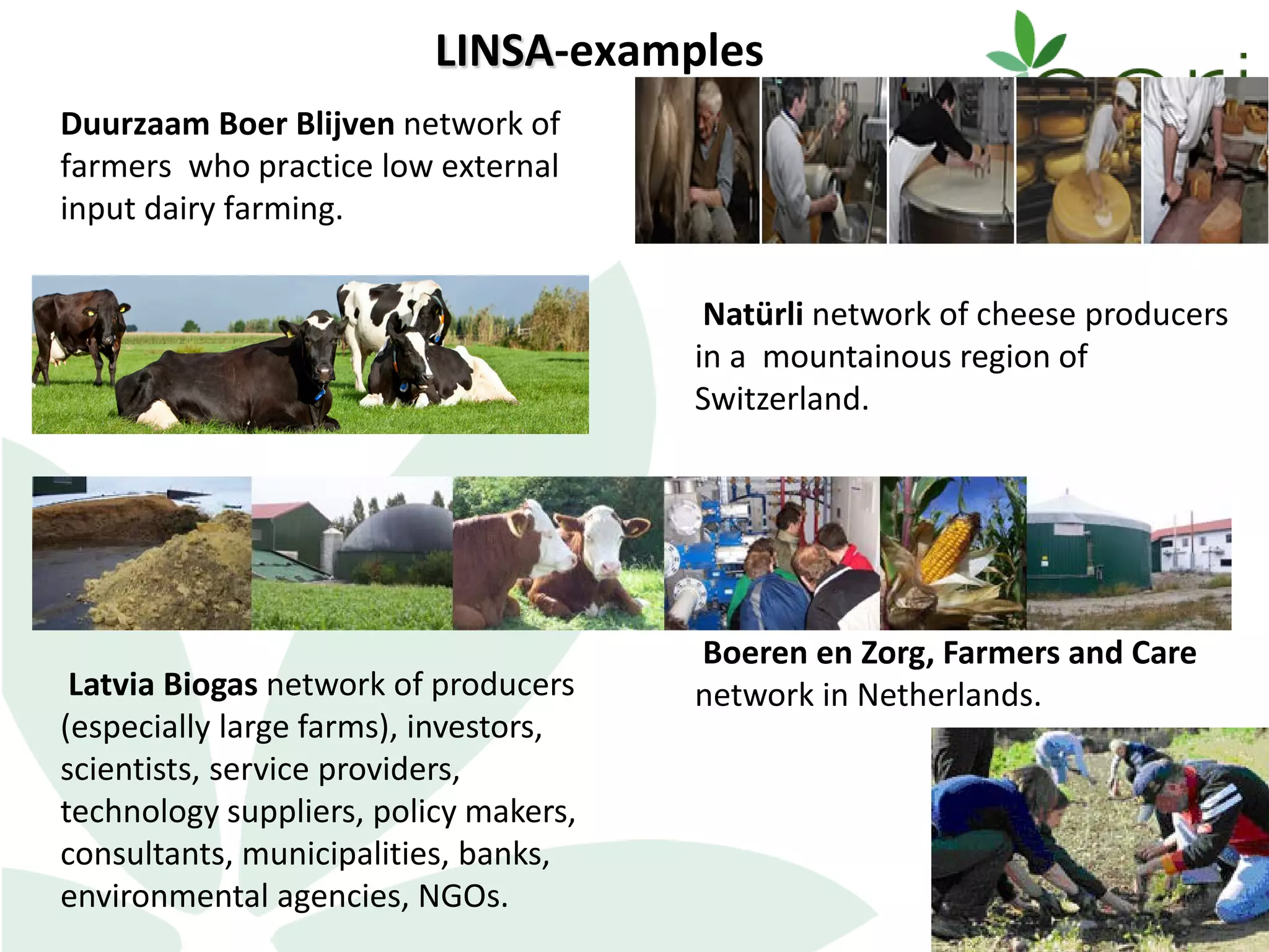 LINSA-examples
Duurzaam Boer Blijven network of
farmers who practice low external
input dairy farming.
9
Natürli network of cheese producers
in a mountainous region of
Switzerland.
Latvia Biogas network of producers
(especially large farms), investors,
scientists, service providers,
technology suppliers, policy makers,
consultants, municipalities, banks,
environmental agencies, NGOs.
Boeren en Zorg, Farmers and Care
network in Netherlands.
 
