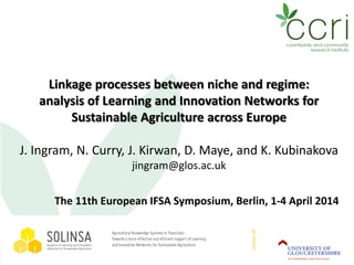 Linkage processes between niche and regime:
analysis of Learning and Innovation Networks for
Sustainable Agriculture across Europe
J. Ingram, N. Curry, J. Kirwan, D. Maye, and K. Kubinakova
jingram@glos.ac.uk
The 11th European IFSA Symposium, Berlin, 1-4 April 2014
 