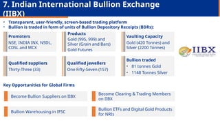 Key Opportunities for Global Firms
• Transparent, user-friendly, screen-based trading platform
• Bullion is traded in form of units of Bullion Depository Receipts (BDRs):
7. Indian International Bullion Exchange
(IIBX)
Promoters
NSE, INDIA INX, NSDL,
CDSL and MCX
Products
Gold (995, 999) and
Silver (Grain and Bars)
Gold Futures
Vaulting Capacity
Gold (420 Tonnes) and
Silver (2200 Tonnes)
Qualified suppliers
Thirty-Three (33)
Qualified jewellers
One Fifty-Seven (157)
Bullion traded
• 81 tonnes Gold
• 1148 Tonnes Silver
Become Bullion Suppliers on IIBX
Bullion Warehousing in IFSC
Become Clearing & Trading Members
on IIBX
Bullion ETFs and Digital Gold Products
for NRIs
 