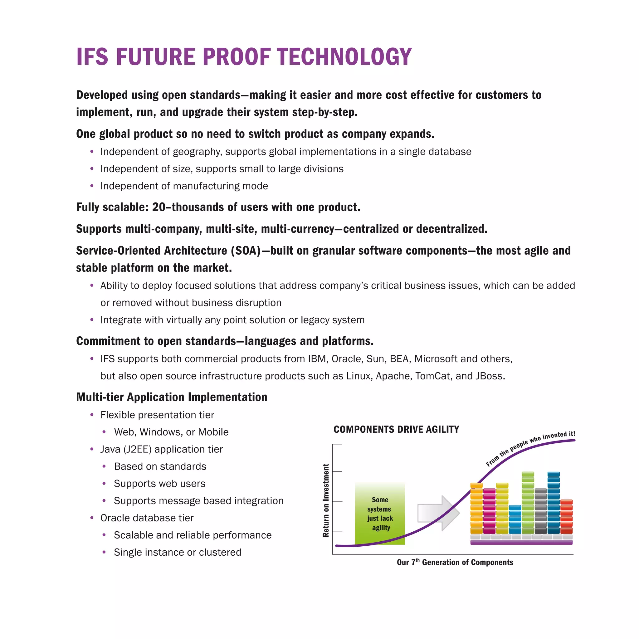 IFS Future prooF tecHnoloGy
developed using open standards—making it easier and more cost effective for customers to
implement, run, and upgrade their system step-by-step.
one global product so no need to switch product as company expands.
  •	 Independent of geography, supports global implementations in a single database
  •	 Independent of size, supports small to large divisions
  •	 Independent of manufacturing mode

Fully scalable: 20–thousands of users with one product.
Supports multi-company, multi-site, multi-currency—centralized or decentralized.
Service-oriented Architecture (SoA)—built on granular software components—the most agile and
stable platform on the market.
  •	 Ability to deploy focused solutions that address company’s critical business issues, which can be added
    or removed without business disruption
  •	 Integrate with virtually any point solution or legacy system

commitment to open standards—languages and platforms.
  •	 IFS supports both commercial products from IBM, Oracle, Sun, BEA, Microsoft and others,
    but also open source infrastructure products such as Linux, Apache, TomCat, and JBoss.

multi-tier Application Implementation
  •	 Flexible presentation tier
    •	 Web, Windows, or Mobile                                               componentS drIVe AGIlIty                                                             e nted it!
                                                                                                                                                       h o i nv
                                                                                                                                            p   le w
  •	 Java (J2EE) application tier                                                                                                       peo
                                                                                                                                  the
                                                                                                                             om
    •	 Based on standards                                                                                               Fr
                                                      Return on Investment




    •	 Supports web users
    •	 Supports message based integration                                            Some
                                                                                   systems
  •	 Oracle database tier                                                          just lack
                                                                                     agility
    •	 Scalable and reliable performance
    •	 Single instance or clustered
                                                                                               Our 7th Generation of Components
 