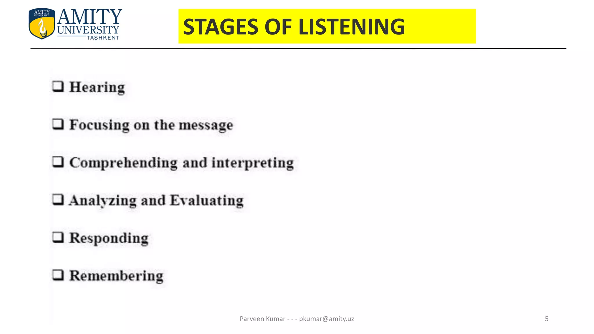 5
STAGES OF LISTENING
Parveen Kumar - - - pkumar@amity.uz
 