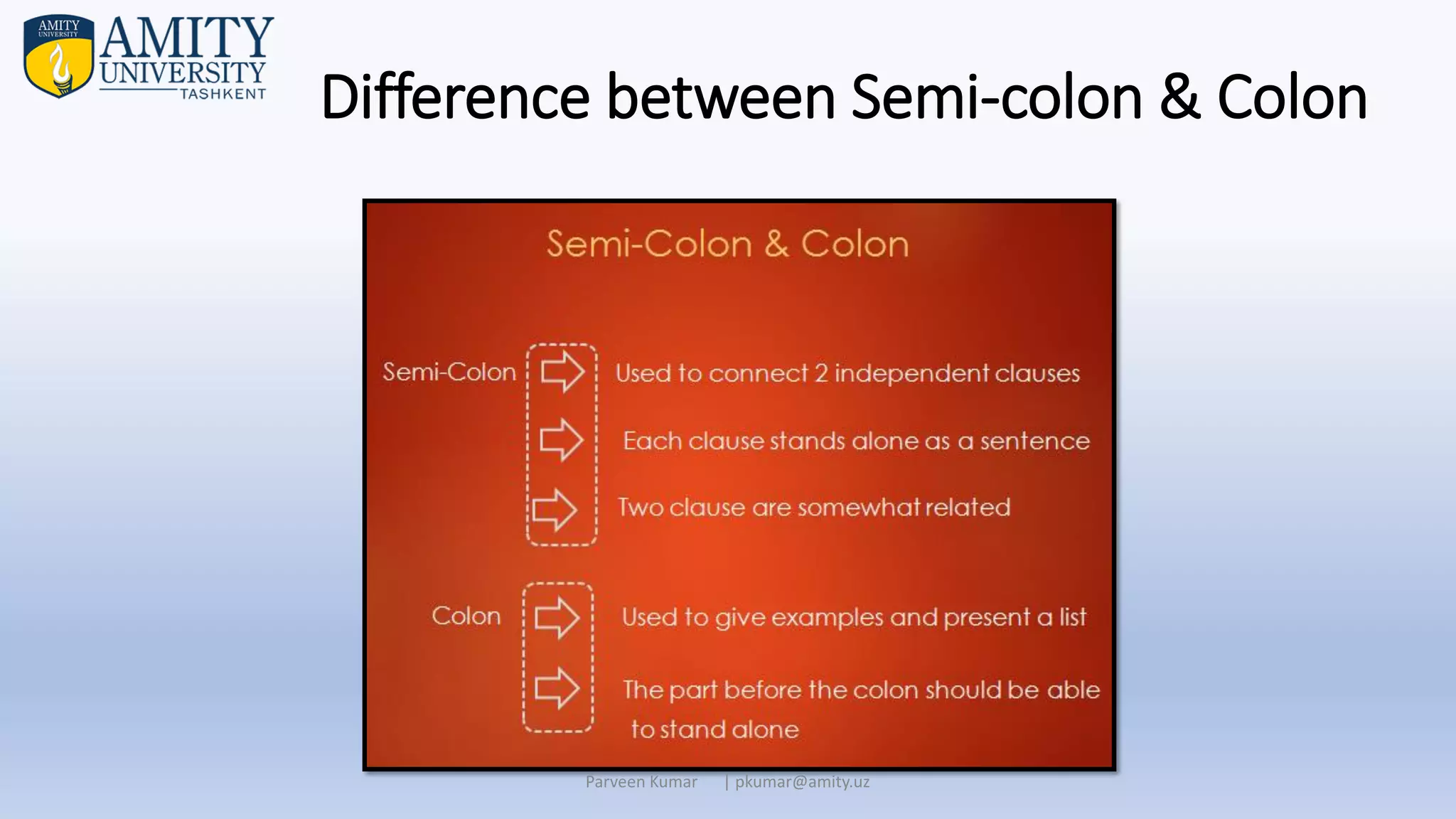 Difference between Semi-colon & Colon
Parveen Kumar | pkumar@amity.uz
 