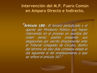 Intervención del M.P. Fuero Común
  en Amparo Directo e Indirecto.


“Artículo 180.- El tercero perjudicado y el
  agente del Ministerio Público que hayan
  intervenido en el proceso en asuntos del
  orden penal, podrán presentar sus
  alegaciones por escrito directamente ante
  el Tribunal Colegiado de Circuito, dentro
  del término de diez días contados desde el
  día siguiente al del emplazamiento a que
  se refiere el artículo 167.”
 