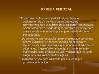PRUEBA PERICIAL

*Al promoverse la prueba pericial, el juez hará la
   designación de un perito, o de los que estime
   convenientes para la práctica de la diligencia; sin perjuicio
   de que cada parte pueda designar también un perito para
   que se asocie al nombrado por el juez o rinda dictamen
   por separado.
*Los peritos no son recusables, pero el nombrado por el juez
   deberá excusarse de conocer cuando en él concurra
   alguno de los impedimentos a que se refiere el artículo 66
   de esta ley. A ese efecto, al aceptar su nombramiento
   manifestará, bajo protesta de decir verdad, que no tiene
   ninguno de los impedimentos legales.
*La prueba pericial será calificada por el juez según
   prudente estimación.
 