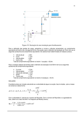 16
BOMBA
VG
VG
VP
PVC
75mm
AÇO
50mm
ÁGUA
2m
2m V2= 5m/s
1m 1m
1m
2m
10m
3m VR
RESERVATÓRIO SUPERIOR
Figura 10- Ilustração de uma instalação para bombeamento
Para a definição das perdas de carga, acessórios e curvas e válvulas acrescentam um comprimento
equivalente de trecho reto, da seguinte forma. Na sucção, para o diâmetro da tubulação de 75mm tem-se os
seguintes acréscimos de comprimento equivalente: Os valores foram determinados em ábacos (anexo).
• válvula de pé = 20m
• curva = 1,6m
• válvula globo = 26m
• trecho reto = 5m
Total de comprimento equivalente no trecho 1 (sucção) = 52,6m.
Para o recalque (depois da bomba) onde o diâmetro da tubulação é de 50mm tem-se os seguintes
acréscimos de comprimento equivalente:
• 3 curvas = 3,3m
• Válvula globo = 17,4m
• Válvula de retenção = 4,2m
• Saída = 1,5m
• Trecho reto = 17m
Total de comprimento equivalente no trecho 2 (recalque) = 43,4m.
SOLUÇÃO:
O problema deve ser iniciado calculando-se a velocidade da água na sucção. Isso é simples, pois a massa
se conserva e desta forma:
s
m
A
AV
VAVAV 22,2
4
75.
4
50.
5
.
..... 2
2
1
22
1222111 =×==⇒=
π
π
ρρ
Com a velocidade V1 calcula-se o número de Reynolds. Com o número de Reynolds e a rugosidade do
tubo, obtem-se o fator de atrito f no Diagrama de Moody (anexo).
5
6
10655,1
10006,1
075,022,2.
Re ×=
×
×
== −
ν
DV
 