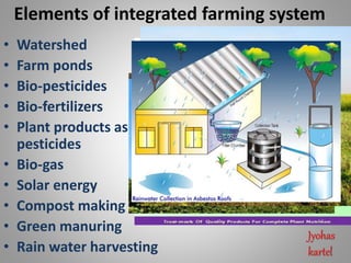 Elements of integrated farming system
• Watershed
• Farm ponds
• Bio-pesticides
• Bio-fertilizers
• Plant products as
pest...