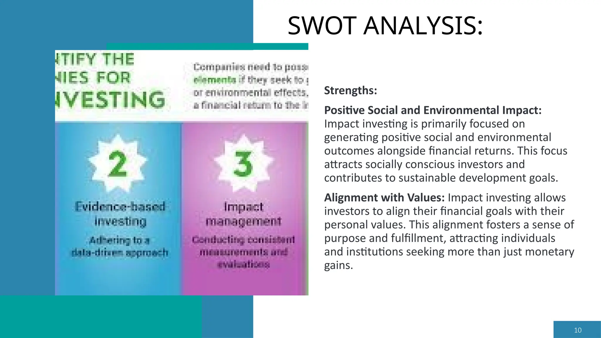 10
Strengths:
Positive Social and Environmental Impact:
Impact investing is primarily focused on
generating positive social and environmental
outcomes alongside financial returns. This focus
attracts socially conscious investors and
contributes to sustainable development goals.
Alignment with Values: Impact investing allows
investors to align their financial goals with their
personal values. This alignment fosters a sense of
purpose and fulfillment, attracting individuals
and institutions seeking more than just monetary
gains.
SWOT ANALYSIS:
 