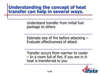 Understand transfer from initial fuel
package to others
Estimate size of fire before attacking –
Evaluate effectiveness of attack
Transfer occurs from warmer to cooler
– In a room full of fire, if you are in it-
heat is transferred to you
Understanding the concept of heat
transfer can help in several ways.
5–29
 