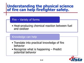 • Heat-producing chemical reaction between fuel
and oxidizer
Fire – Variety of forms
• Translate into practical knowledge of fire
behavior
• Recognize what is happening – Predict
potential behavior
Knowledge can help
Understanding the physical science
of fire can help firefighter safety.
5–3
 
