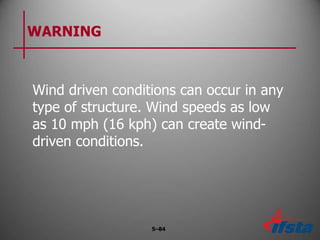 WARNING
Wind driven conditions can occur in any
type of structure. Wind speeds as low
as 10 mph (16 kph) can create wind-
driven conditions.
5–84
 