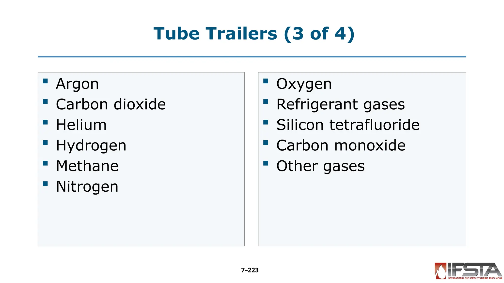 Tube Trailers (3 of 4)
 Argon
 Carbon dioxide
 Helium
 Hydrogen
 Methane
 Nitrogen
 Oxygen
 Refrigerant gases
 Silicon tetrafluoride
 Carbon monoxide
 Other gases
7–223
 