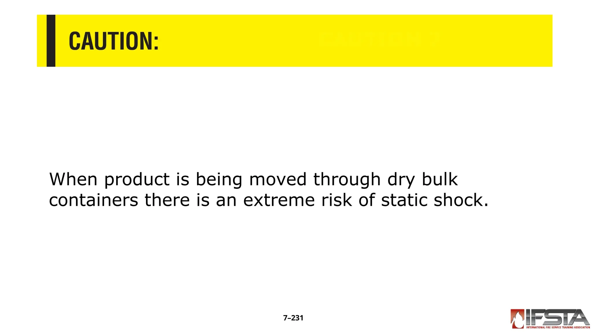 CAUTION 7
When product is being moved through dry bulk
containers there is an extreme risk of static shock.
7–231
 