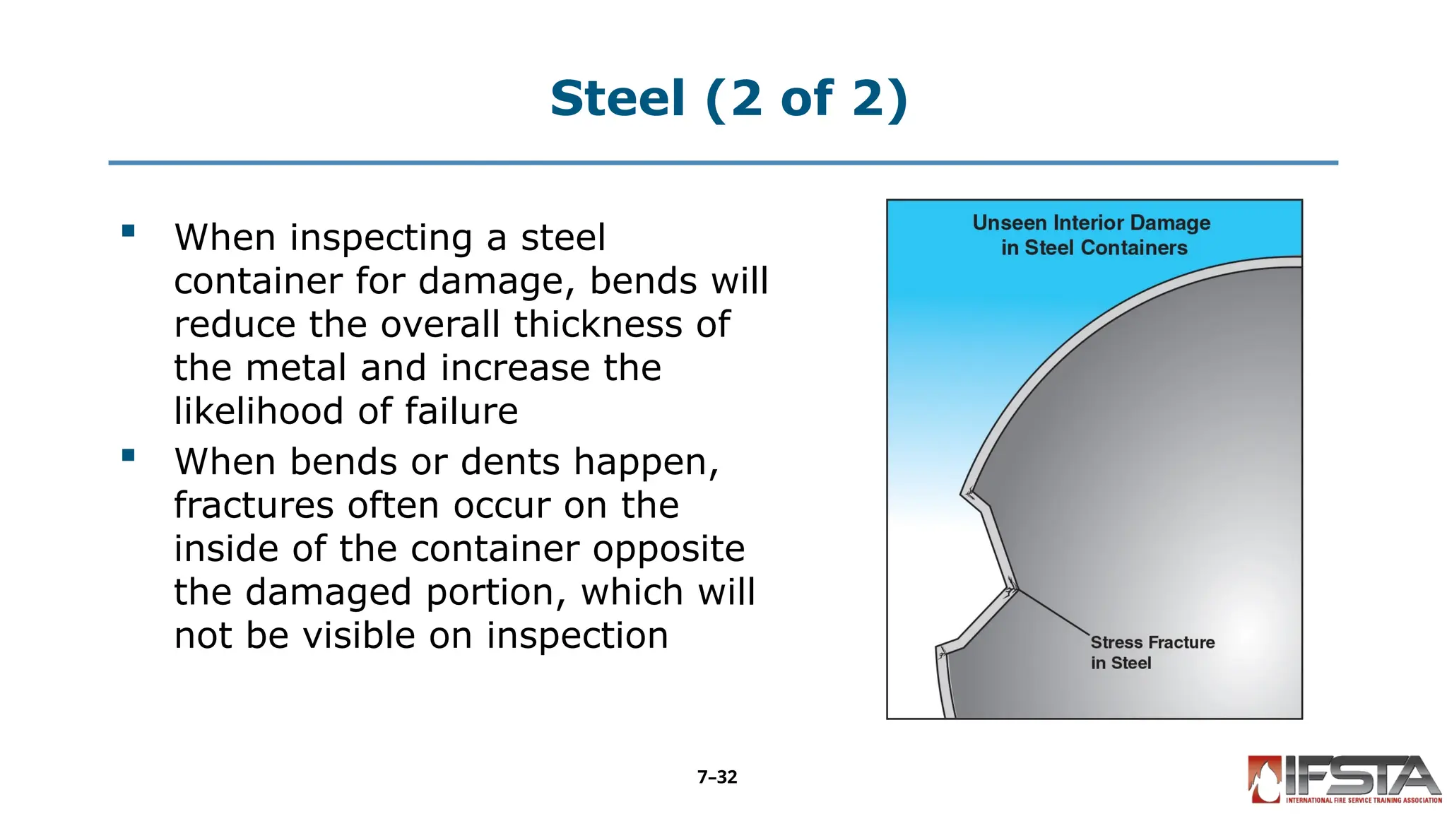 Steel (2 of 2)
 When inspecting a steel
container for damage, bends will
reduce the overall thickness of
the metal and increase the
likelihood of failure
 When bends or dents happen,
fractures often occur on the
inside of the container opposite
the damaged portion, which will
not be visible on inspection
7–32
 