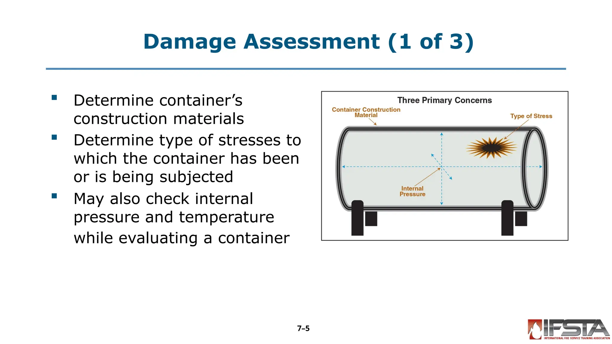 Damage Assessment (1 of 3)
 Determine container’s
construction materials
 Determine type of stresses to
which the container has been
or is being subjected
 May also check internal
pressure and temperature
while evaluating a container
7–5
 